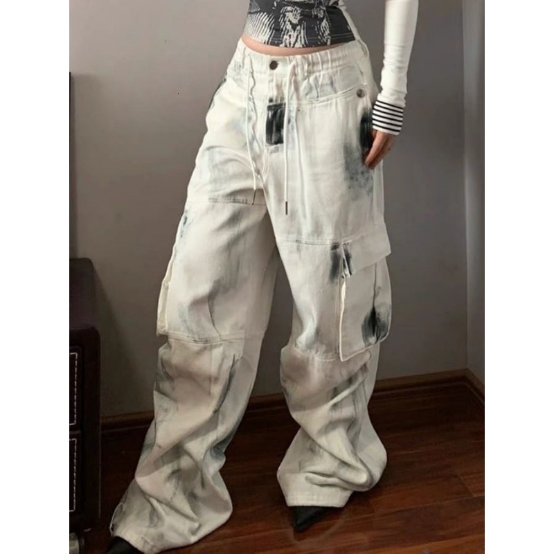 QWEEK Y2k Streetwear Cargo Jeans Women Oversized Vintage Wide Leg Pocket Denim Pants Korean Fashion Hiphop Baddie Trousers Kpop