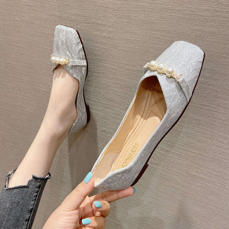 Korean Version Square Toe Shallow Mouth Flat Bottom Single For Women 2023 Summer New Versatile Soft Leather Comfortable Sequined Bean Scoop Shoes