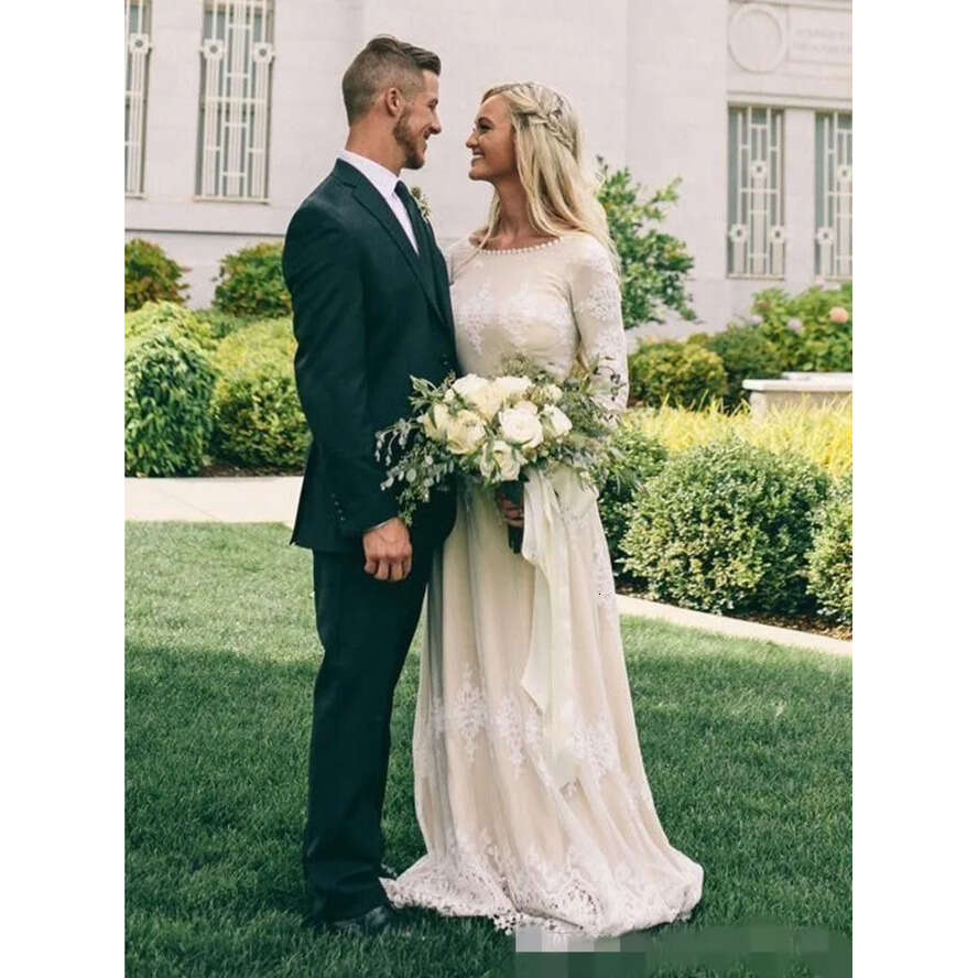 Wedding Boho Dresses Long Sleeves Scoop Neck Lace Applique Or Length Garden Country Wdding Gown Plus Size Vestido De Novia