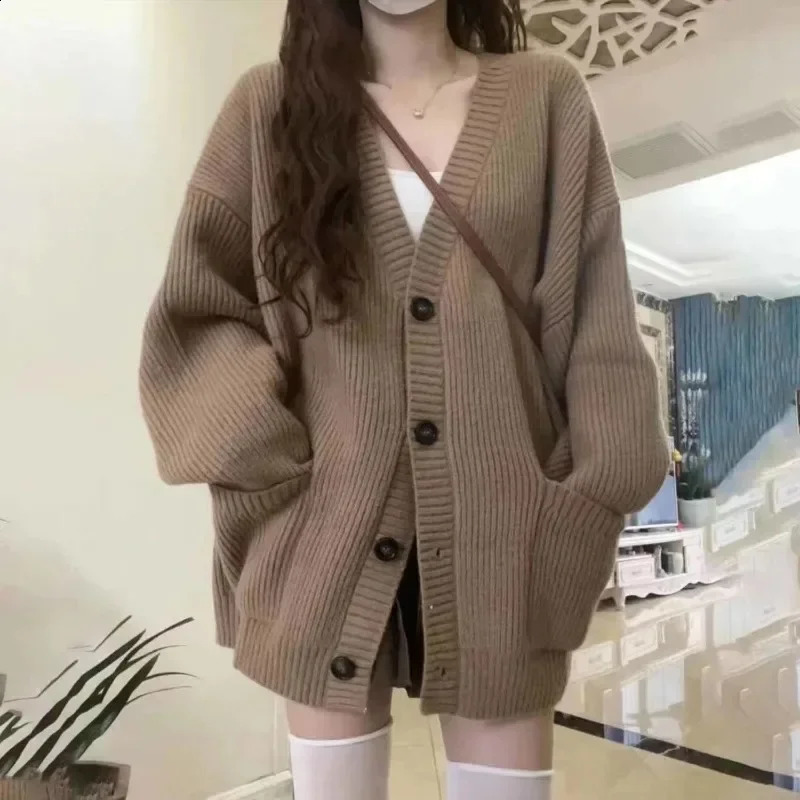 Autumn Winter Thick Warm Cardigan Korean Lazy Wind Soft Sweater Coats Woman Solid Color Oversized Cardigans Female 241105