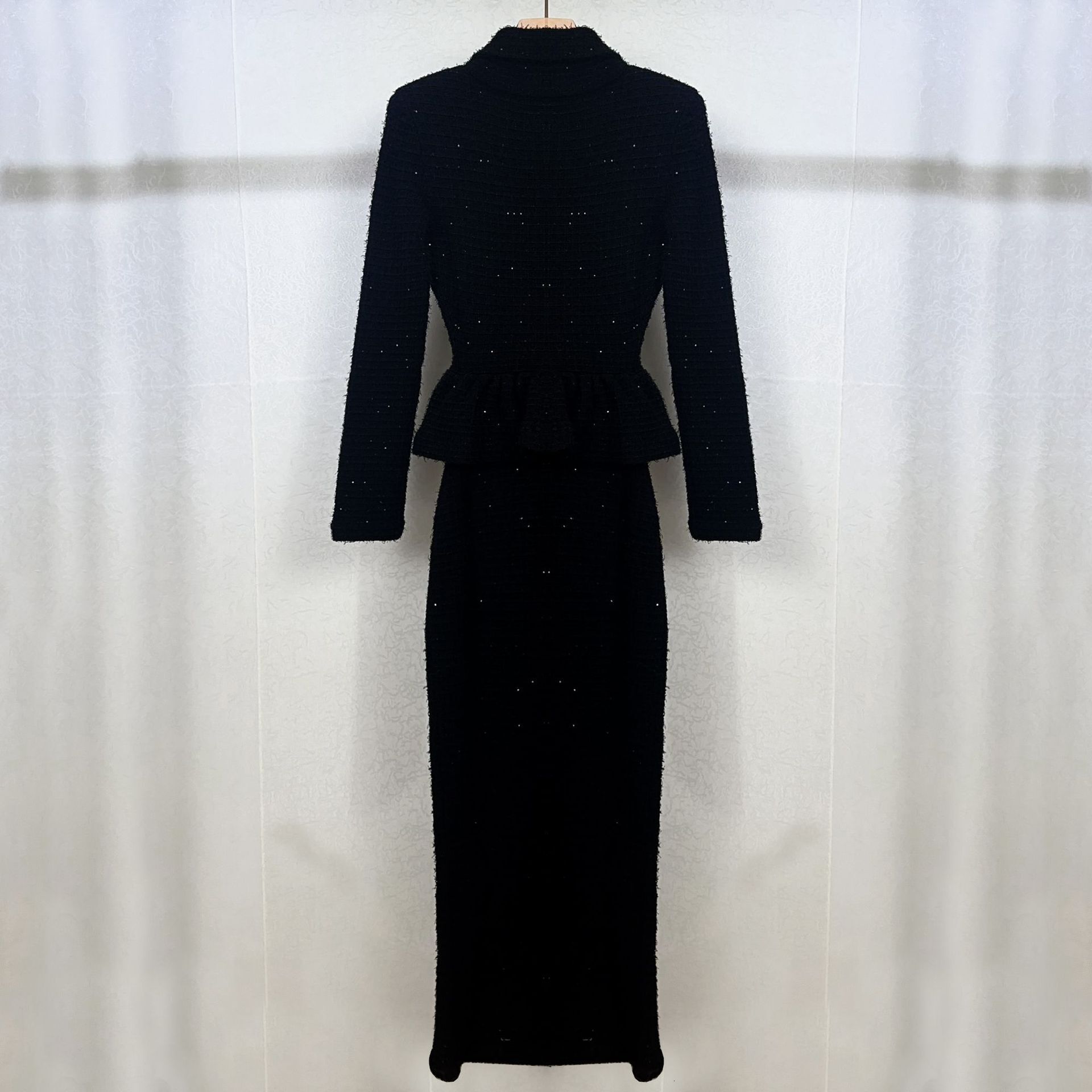 Quality Double Breasted Dia Sequin Knitting Evening Dress Women Long Sleeve Peplum Midi Party Dresses Black Knitwear