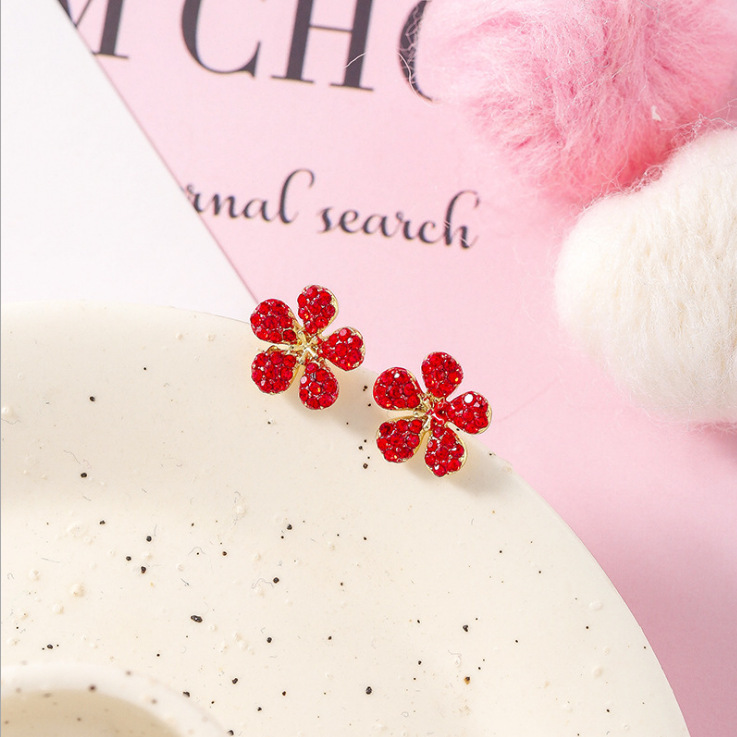Stud earrings Red cherry strawberry S925 silver needle Stud girly fruit flower temperament crystal earrings red diamond earrings exquisite gift