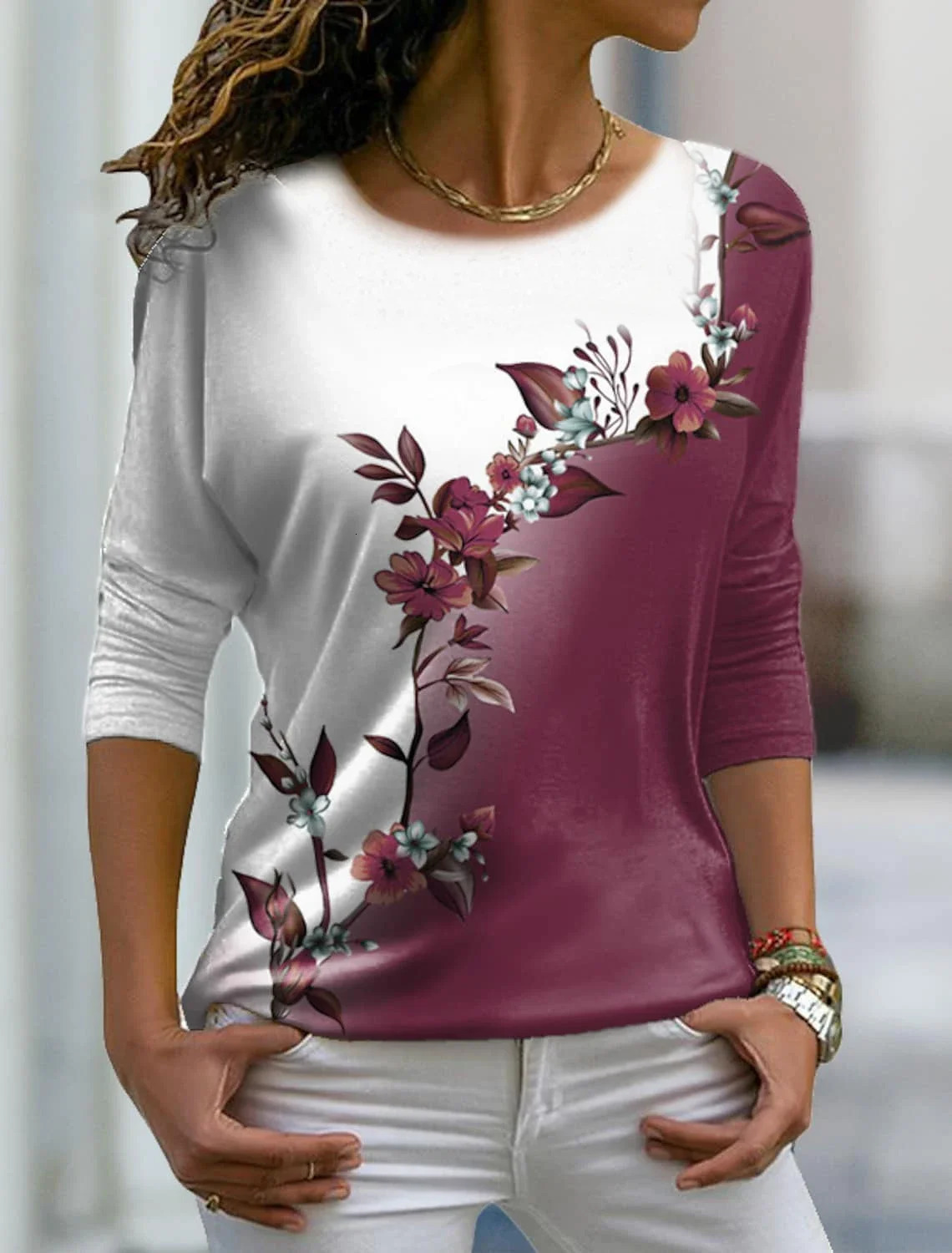 Autumn versatile long sleeved womens Tshirt with floral pattern printed regular retro casual ONeck Bohemian multicolor top 241029