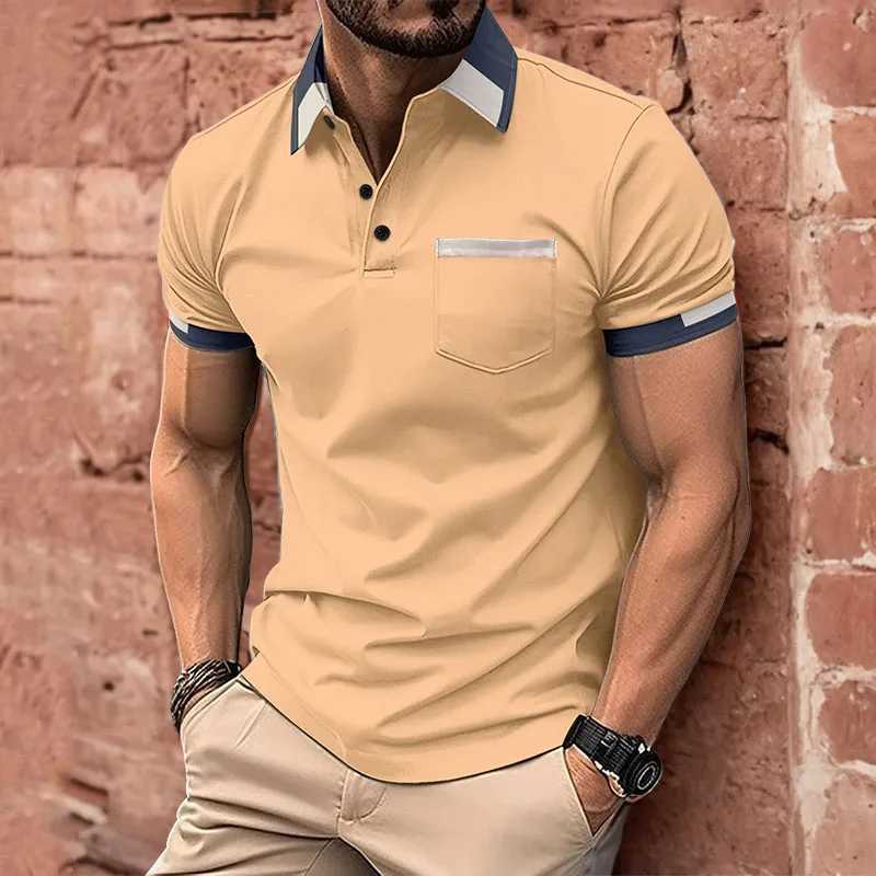 2024 new mens casual shirt chest pocket V-neck button stripe splicing solid color lapel mens slim fit shirt W241104