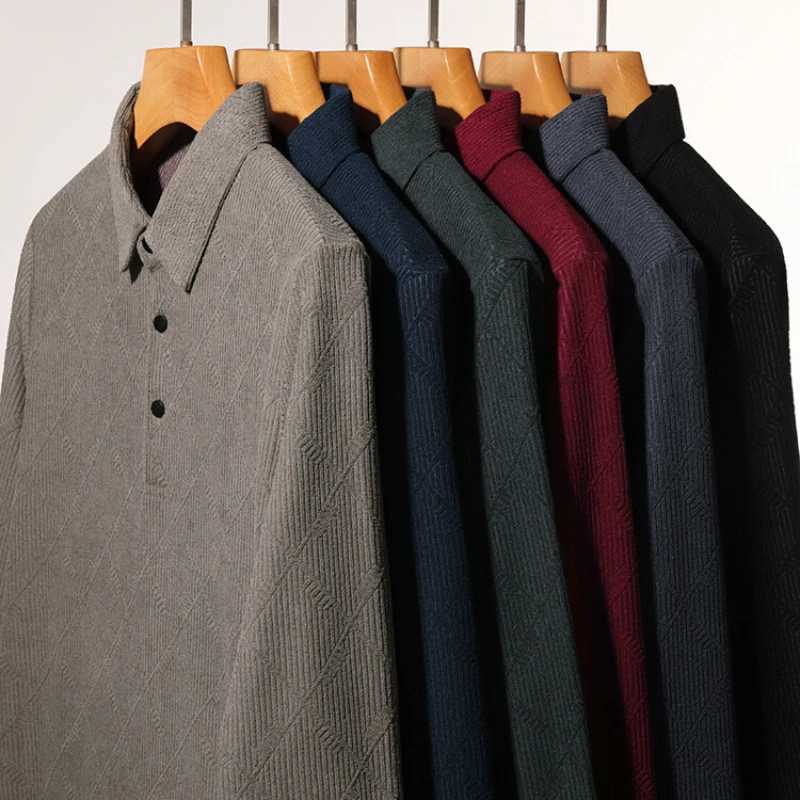 Thick autumn and winter warm geometric pattern daily casual mens Comting long sleeved Plus velvet lapel T-shirt W241104