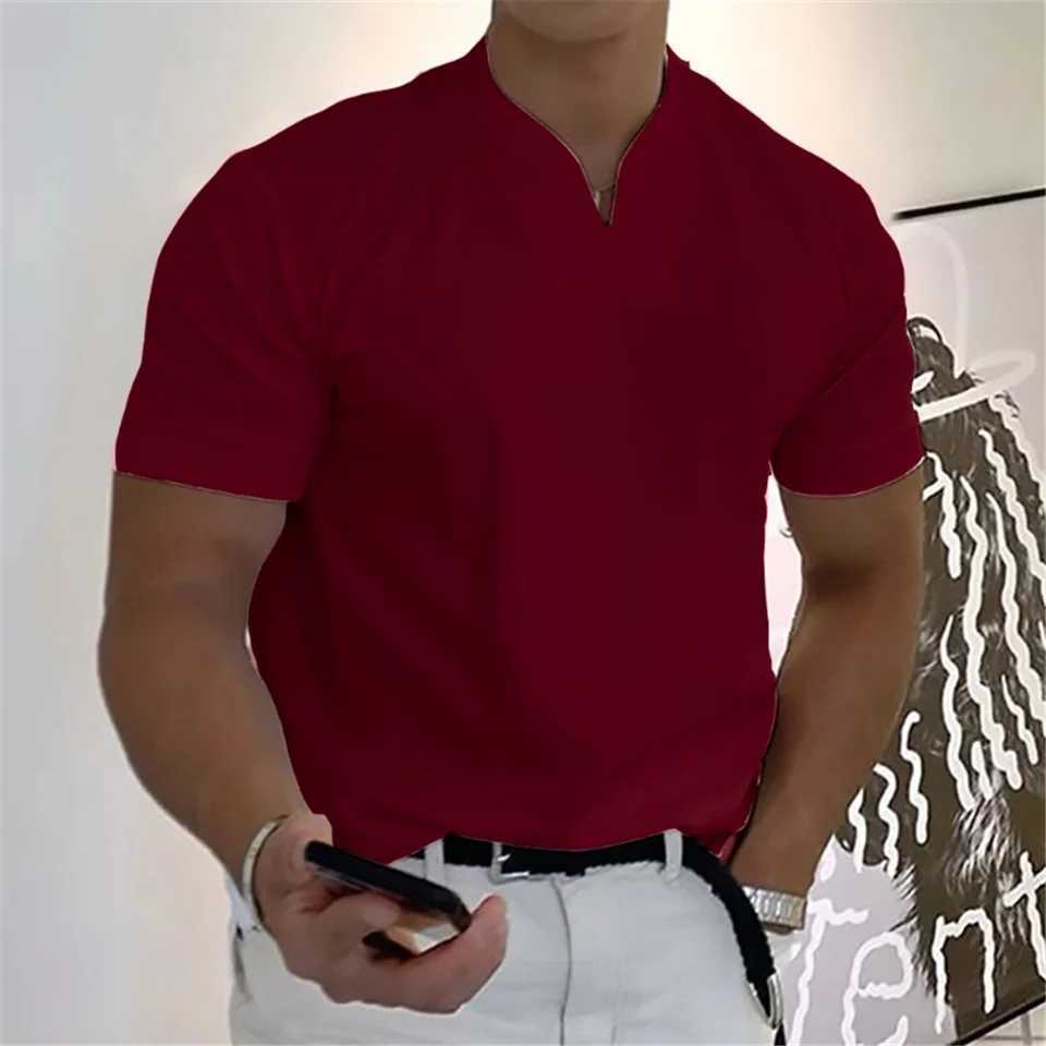 Summer solid color V-neck buttonless collarless mens short sleeved pocket fashionable casual sports mens shirt W241104