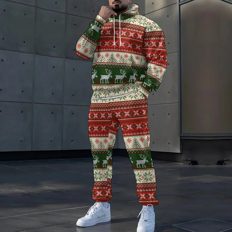 Elk Snowflake 3d Print Fashion Long Sleeve Hoodie Pants Suits Male Tracksuit Casual Drawstring Sweatshirt Men Two Piece Set 241105