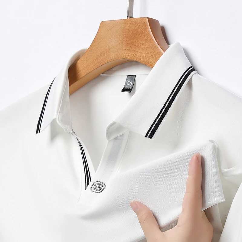 High end new summer mens collar embroidered print ice silk short slip shirt business casual T-shirt mens clothing W241104