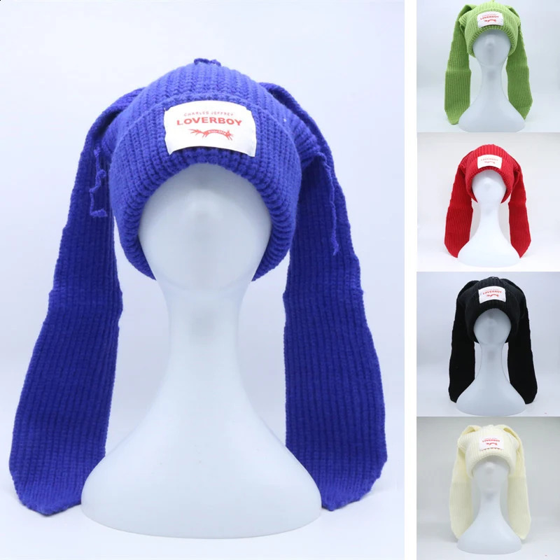 Y2k Knitted Wool Rabbit Ears Hat Love Boy n Personality Men Women Cute Fashion Warm Autumn Winter Trendy Hats 241105