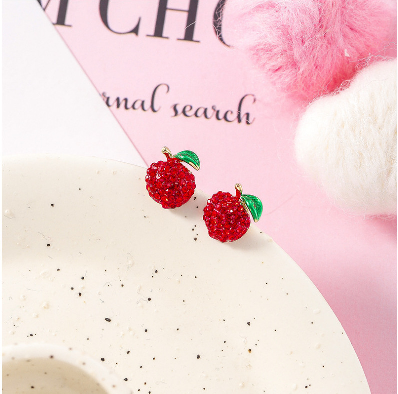 Stud earrings Red cherry strawberry S925 silver needle Stud girly fruit flower temperament crystal earrings red diamond earrings exquisite gift