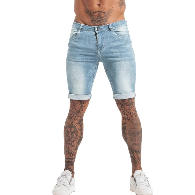 GINGTTO Jeans Mens Denim Shorts Skinny Short Pants Jean Shorts for men Elastic Waist Slim Fit Streetwear Stretch Drop 240327