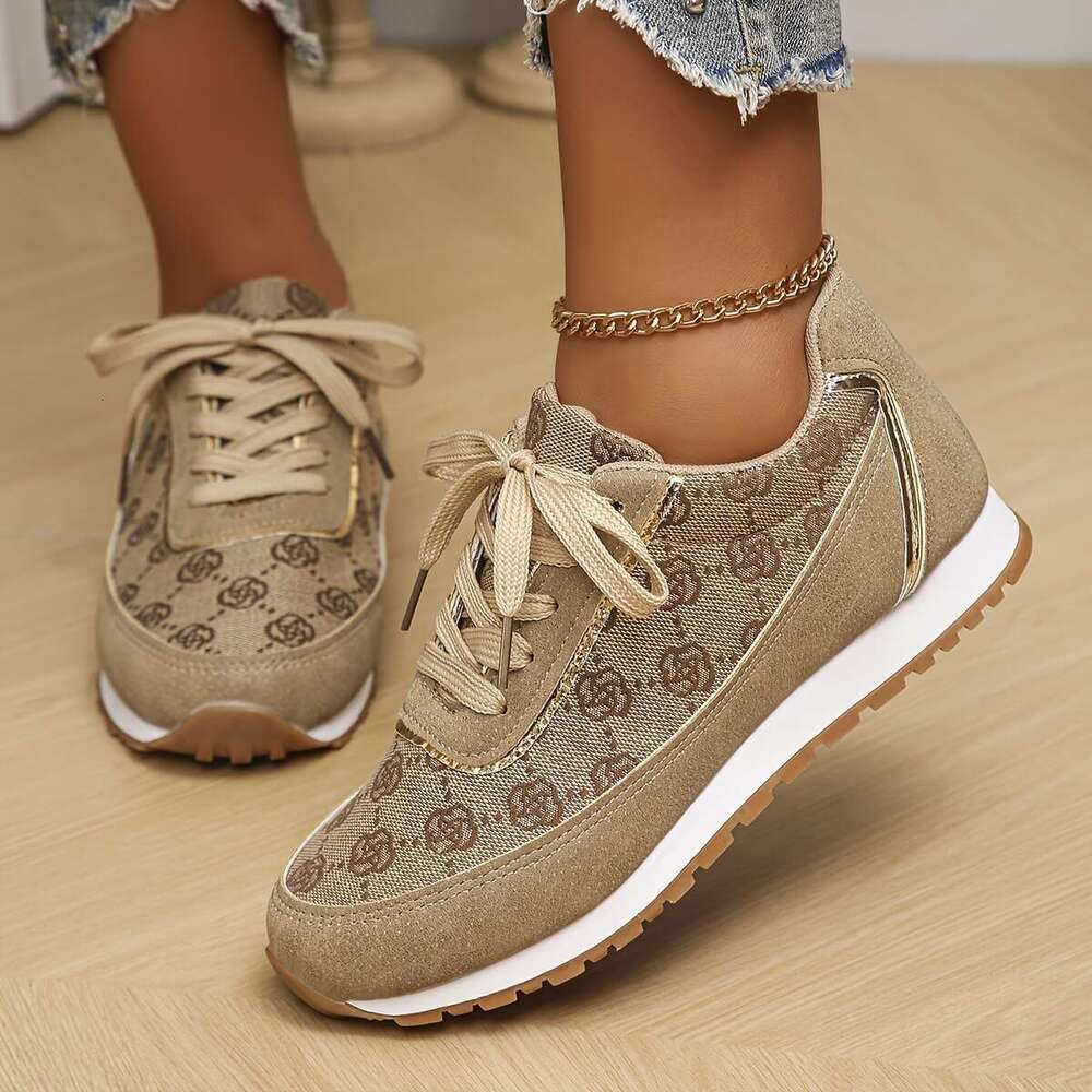 Rose Pattern Low Top Sneakers Breathable, Lace Up, Round Toe, Rubber Sole, Mesh Inner, Fabric Insole - All-Season, Casual, Outdoor Walking Shoes for W