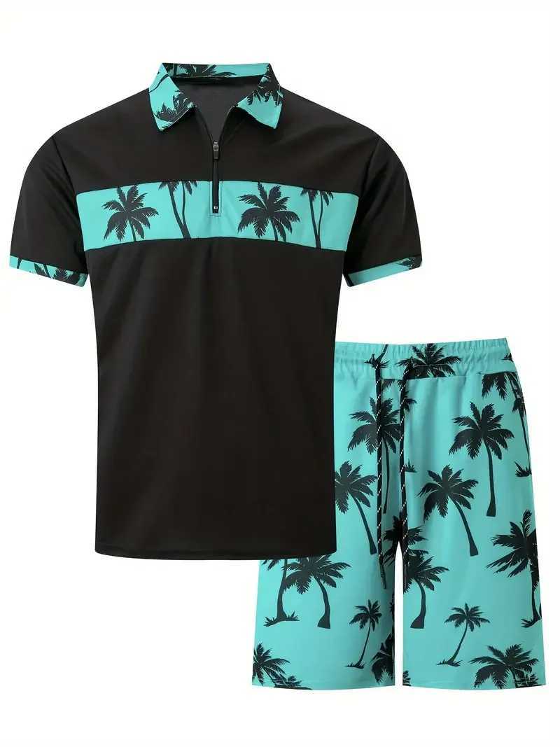 Mens 3D printed coconut Tr fragment pattern zipper shirt+shorts 2-piece unisex fashionable casual simple style clothing W241104