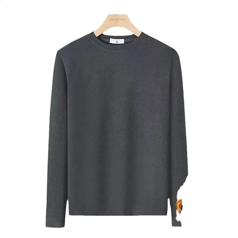 Winter Fleece Mens Long Sleeve Tshirt Trendy Round Neck Solid Color Warm Base Layer Casual Inner Top Wear 241105