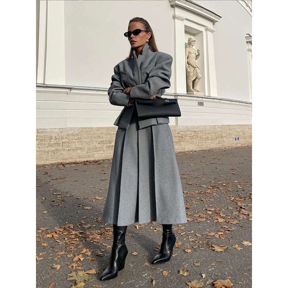 Elegant gray pleated A-E long skirt women's designer set chic stand up collar pocket button jacket set women's autumn commuting streetwear