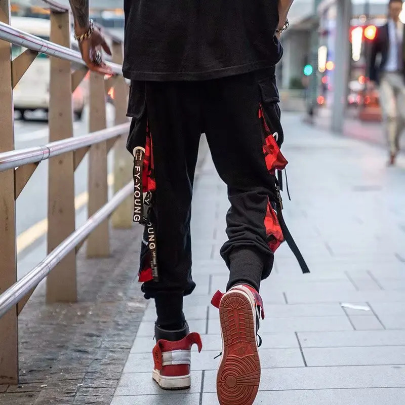 Mens Cargo Pants Casual Hip Hop Hit Color Multiple Pockets Trousers Streetwear Ribbons Techwear Sweatpants 241105