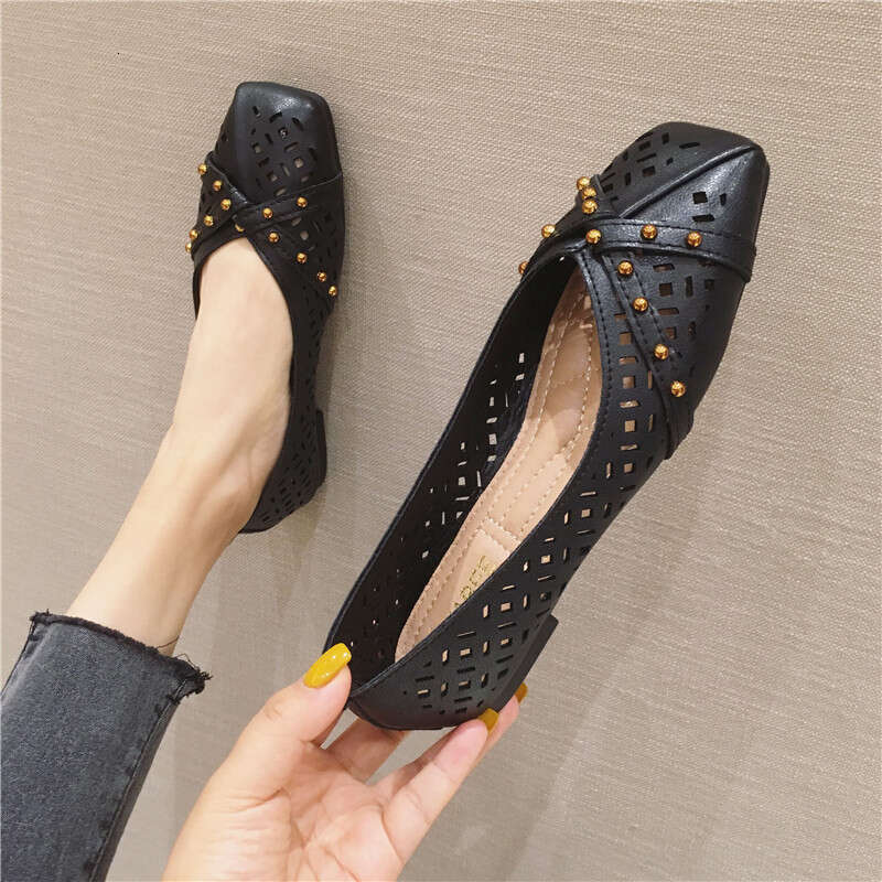 Korean Version Gentle And Versatile Square Toe Shallow Cut Hollow Breathable Sole Flat Heel For Women, Bean Shoes, Summer Soft Soled Ladybird Shoes