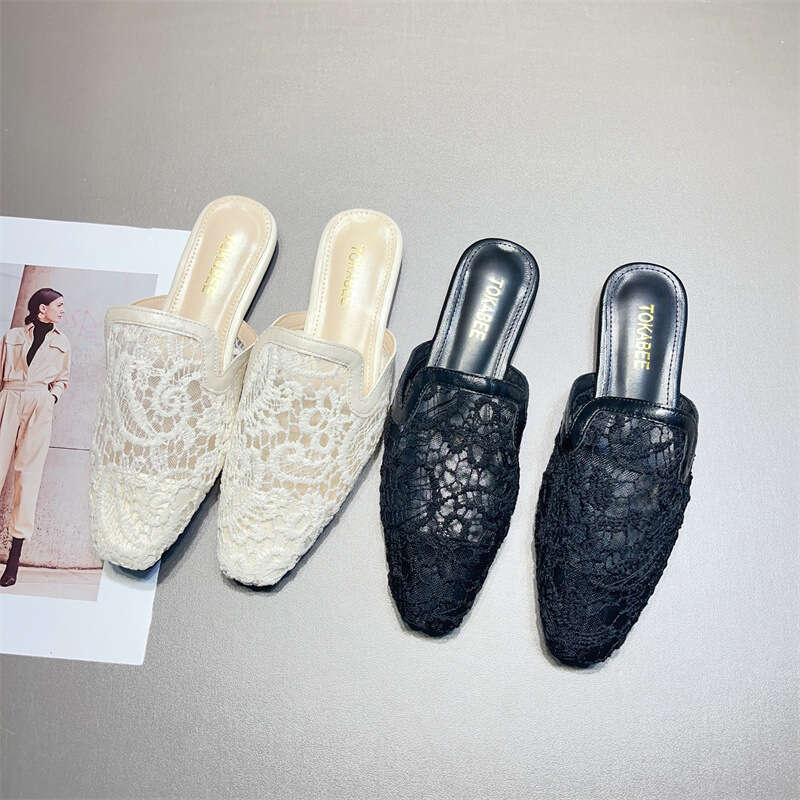 Fashionable Baotou Half Slippers For Women's Summer Outerwear 2024 New Comfortable Hollow Out Breathable Lace Mesh Flat Mill Shoes