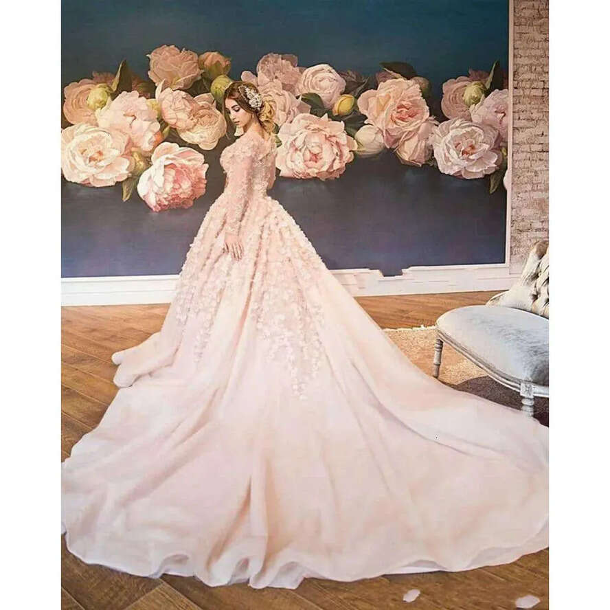 D Pearls Applique With Beaded Dresses Ral Long Sleeves Custom Made Scoop Neck Chapel Train Wedding Gown Vestido De Novia
