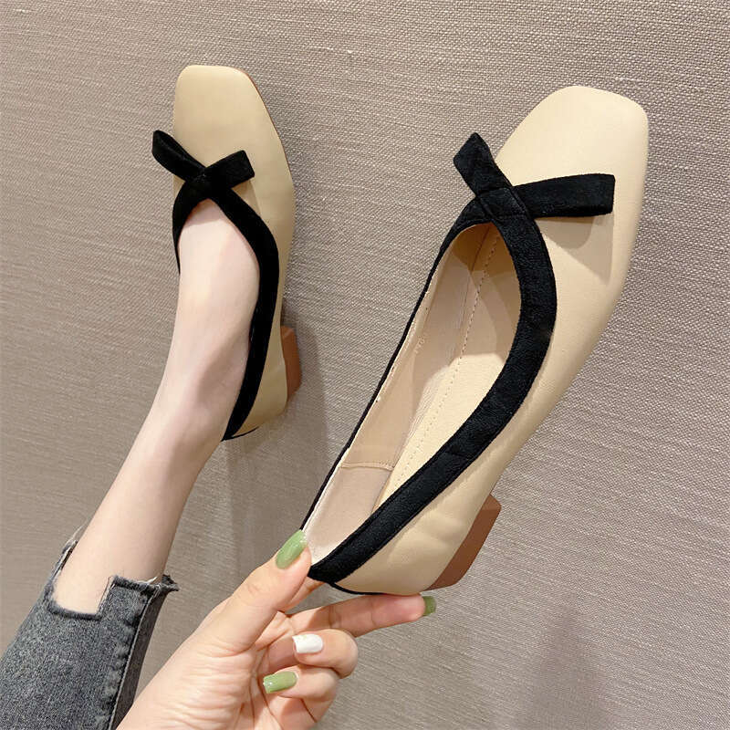 Korean Women's Shoes 2023 Summer New Fashion Square Toe Soft Sole 2Cm Low Heel Sweet Bow Single Shoe