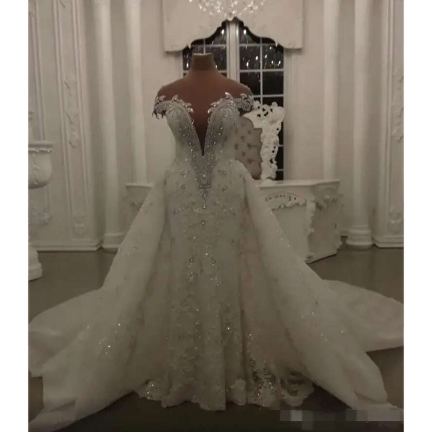 A E Mor Dresses Beading With Overskirt Pluning V Neck Sweep Train Lace Applique Custom Made Wedding Gown
