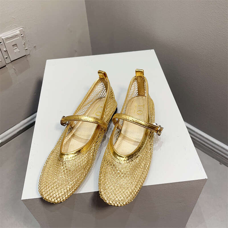 French Silver Mary Jane Shoes Women's Korean Version New Summer Flat Sole Single Shoe Shallow Mouth Mesh With Skirt Hollow Sandals