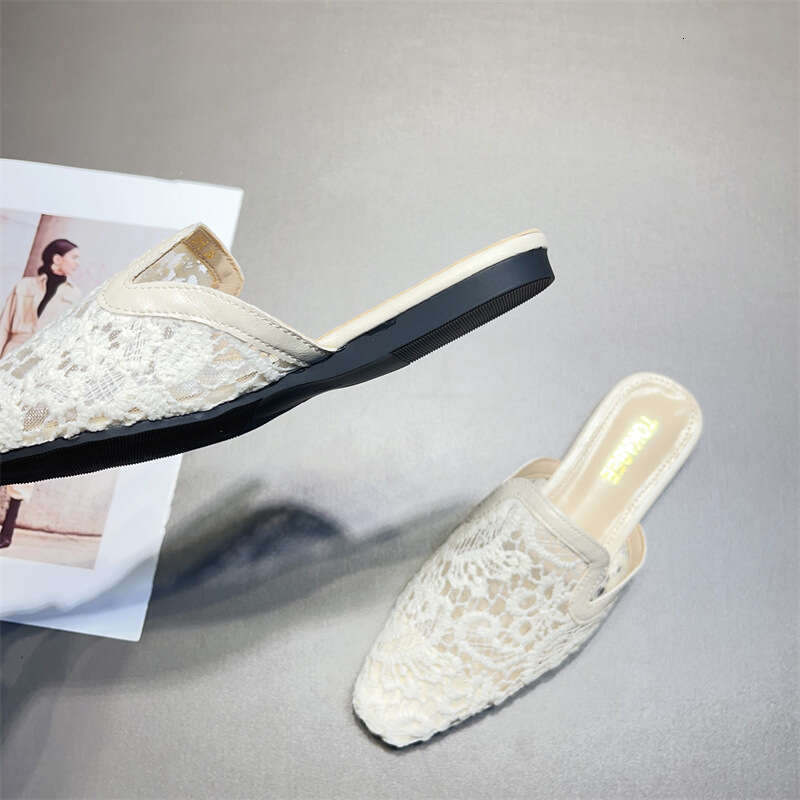 Fashionable Baotou Half Slippers For Women's Summer Outerwear 2024 New Comfortable Hollow Out Breathable Lace Mesh Flat Mill Shoes
