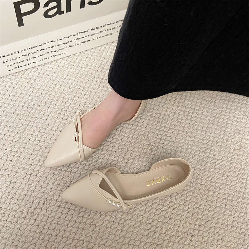 Evening Breeze Gentle Shallow Mouth Single Shoe Women's Apricot Color Spring And Summer New Pearl Soft Leather Side Hollow Pointed Flat Bottomed 