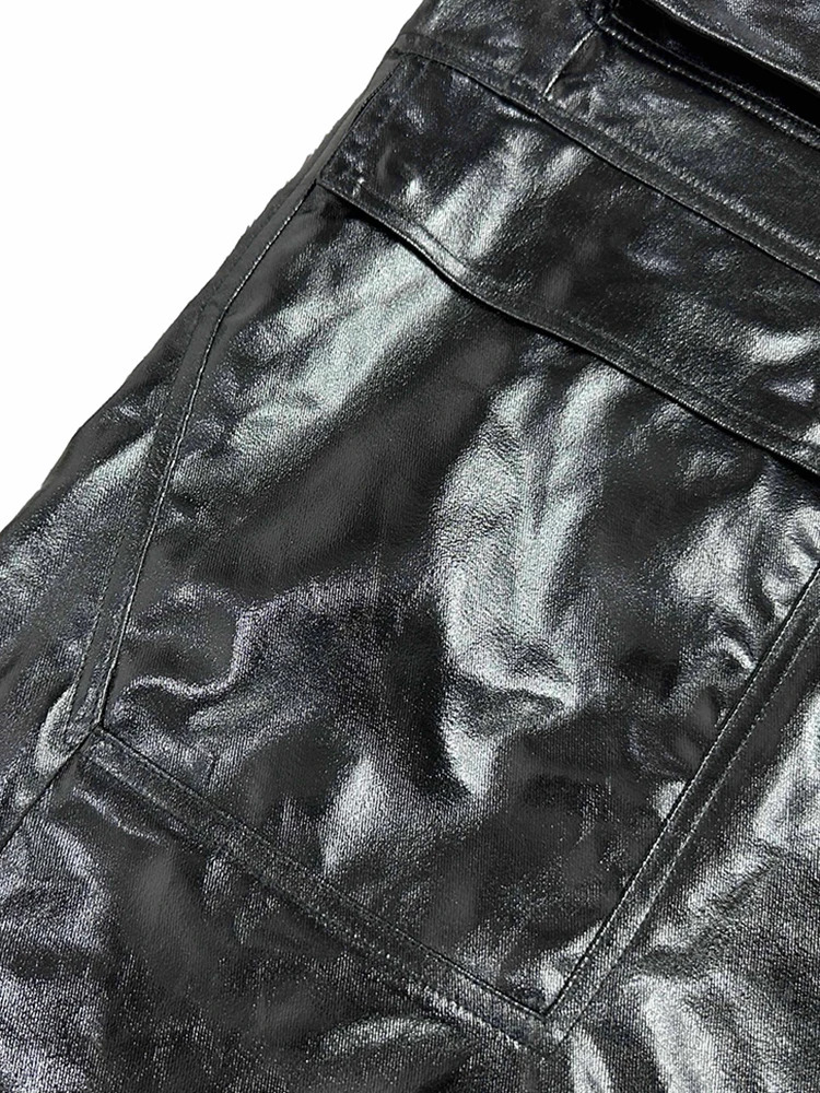 Mauroicardi Spring Autumn Cool Black Shining Reflective Pu Leather Wide Leg Mens Waist Drawback Mens Clothing 241031