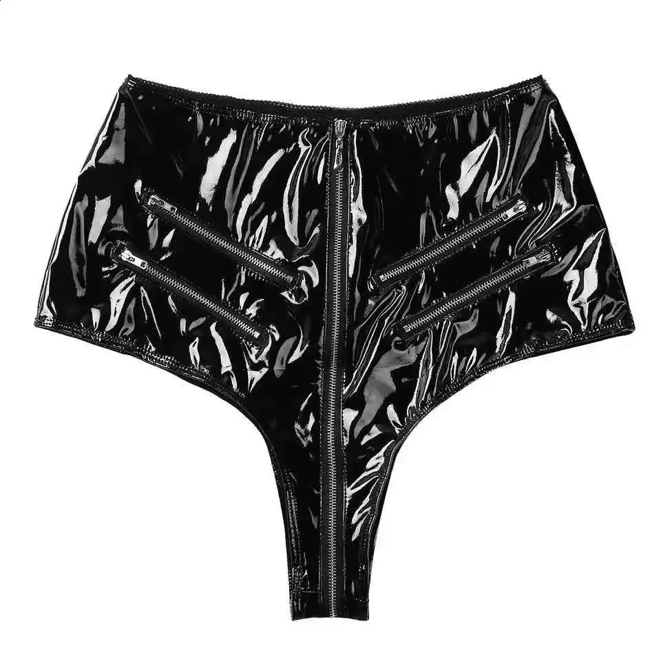 Women Sexy Opening Crotch Leather Shorts For Sex Erotic Porn Below Crotchless Underwear Glossy Zipper Latex Bag Hip Pants 241105