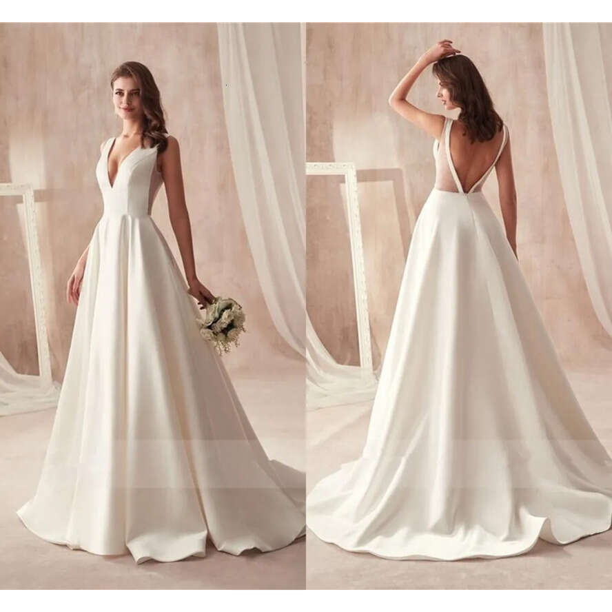 Plus Sexy Cheap Size Dresses With Pocket Satin Deep V Neck Open Back Or Length Wedding Dress Bridal Gowns Robes De Marie