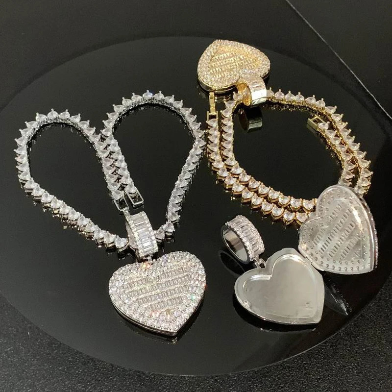 Iced Out Bling can open heart-shaped po pendant necklace heart-shaped tennis chain cubic zirconia fashionable womens jewelry241105