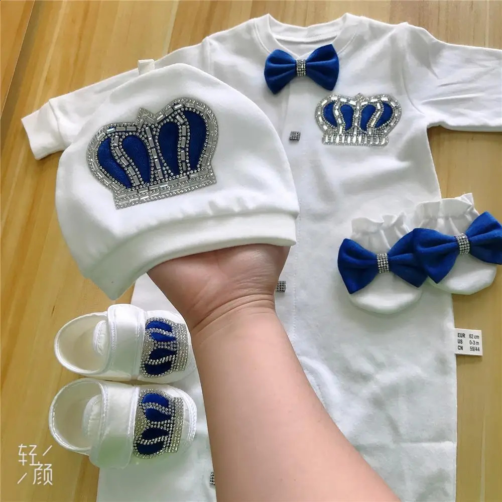 Baby Hoodies Girls Boys Baby Cotton Clothing 4pcs Set Hats Shoes Gloves Welcome Life Crown Jewelry Angel Wings Pajamas 241105