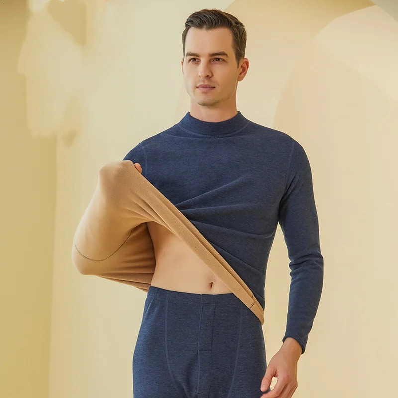 Winter Thermal Underwear Men Mock-neck First Layer 2 Pieces Under Panties and Undershirts Keep Warm Clothing Elastic 241105