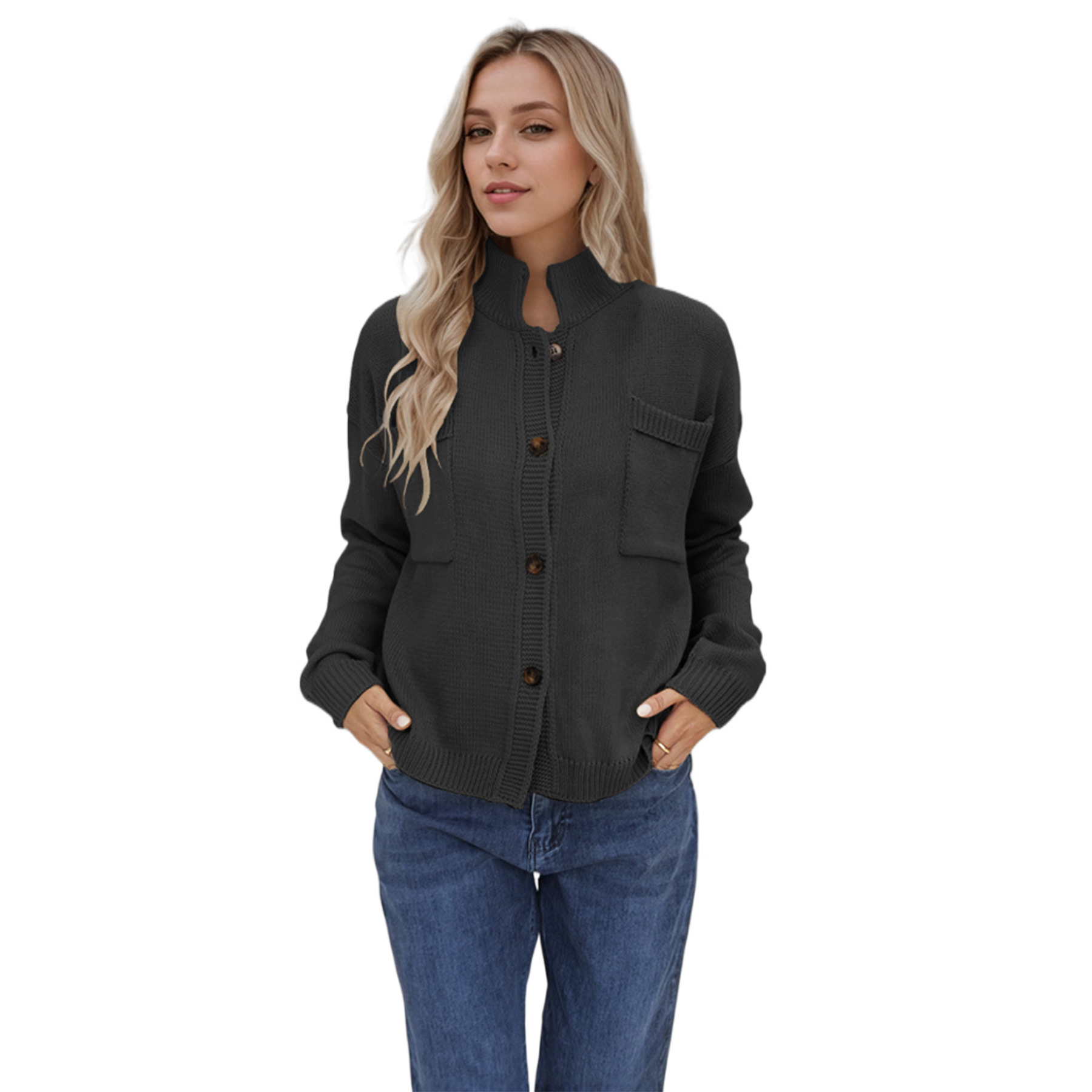 Knitted Jacket Stand Up Collar Large Sweater Solid Color Cardigan Women's New