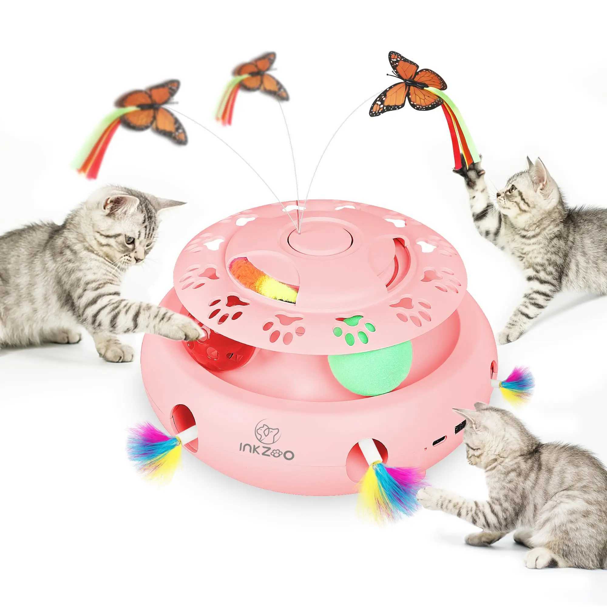 INKZOO 4-in-1 interactive cat toy suitable for indoor cats automatic 6-hole mouse impact on moles vibrating butterflies trackballs USB Y250412