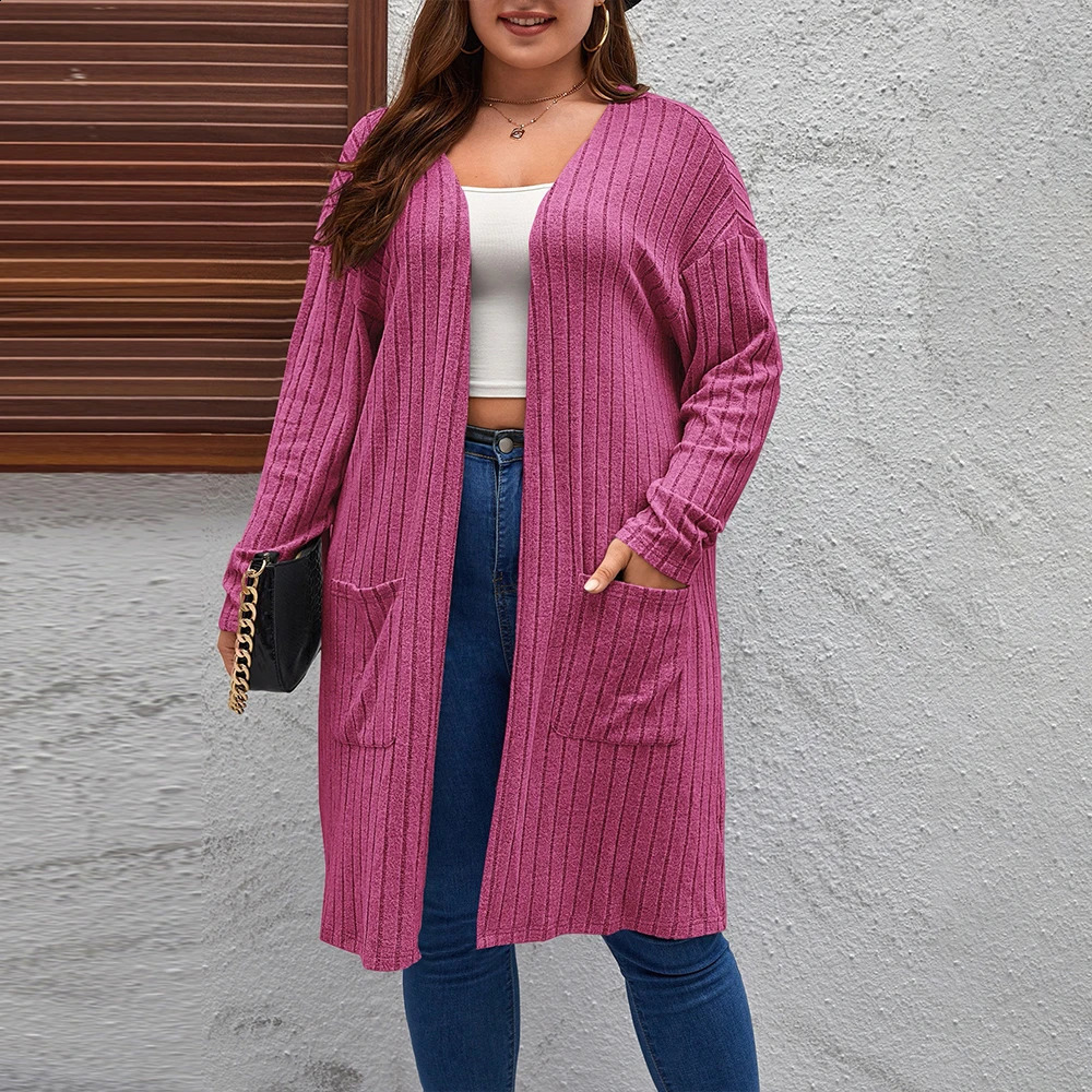 Autumn Winter Women Cardigan Knitted Sweater Plus Size Solid Long Sleeve with Pockets Warm Mid Length Lady Jacket 241105