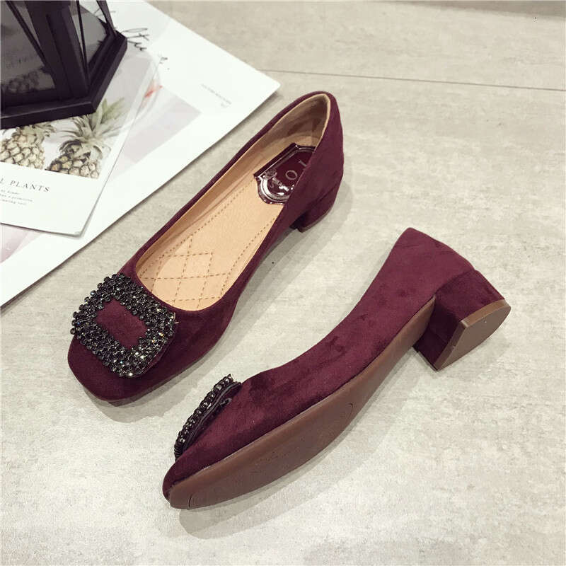2023 Autumn New Versatile Water Diamond Suede Square Head Shallow Mouth Coarse Custom Scoop Low Middle Heel Women's Shoes