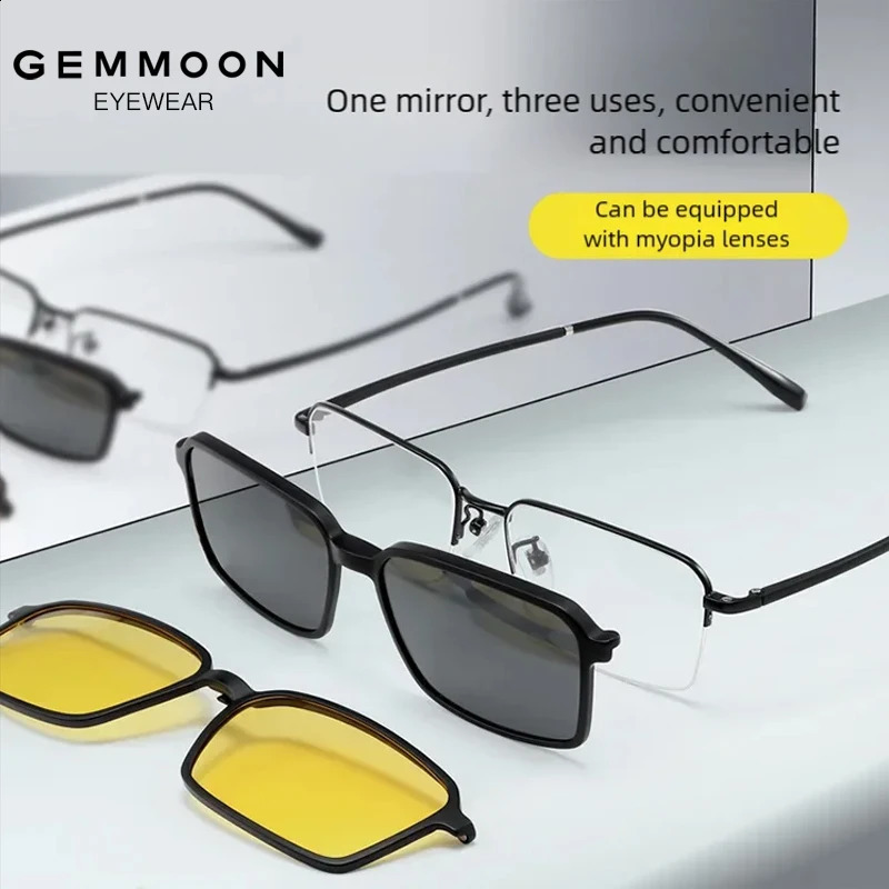 Business Myopia Glasses Frame Mens Half Frame Simple Night And Day Night Vision Sunglasses Magnetic Clip Set Mirror 241105