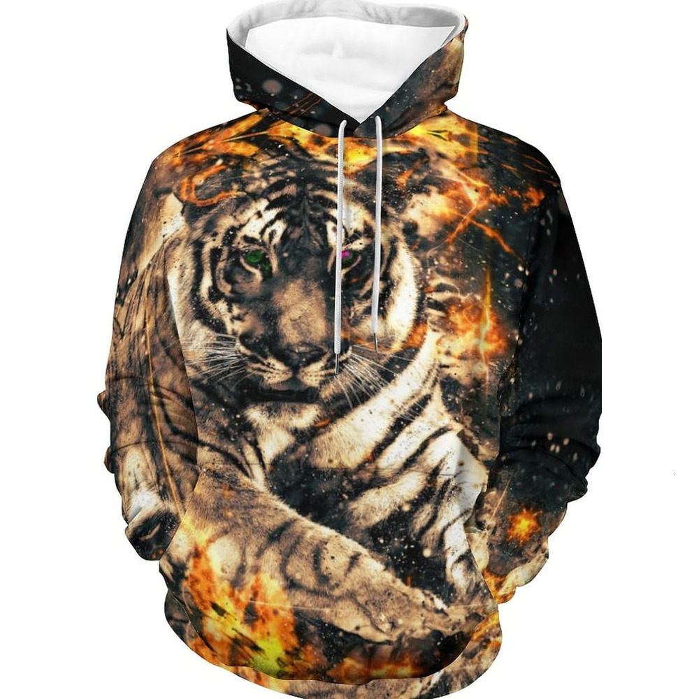 Hoodie for Mens Womens Tiger with Fire Hoodies for Men 3D Print Pullover Hooded Drawstring Loose Sweatshirt with Big Pockets Graphic tiger