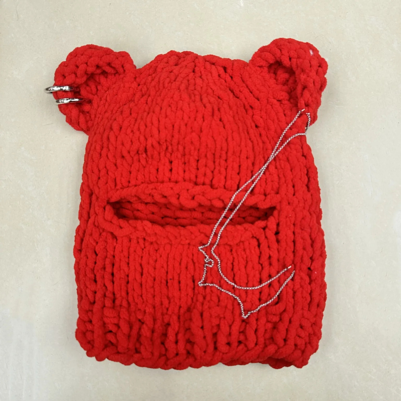 Bear Ears Crochet Balaclava Women Handmade Chain Circle Knitted Hat Party Chenille Mask Warm Beanies Ear Protection Skullies Cap 241105