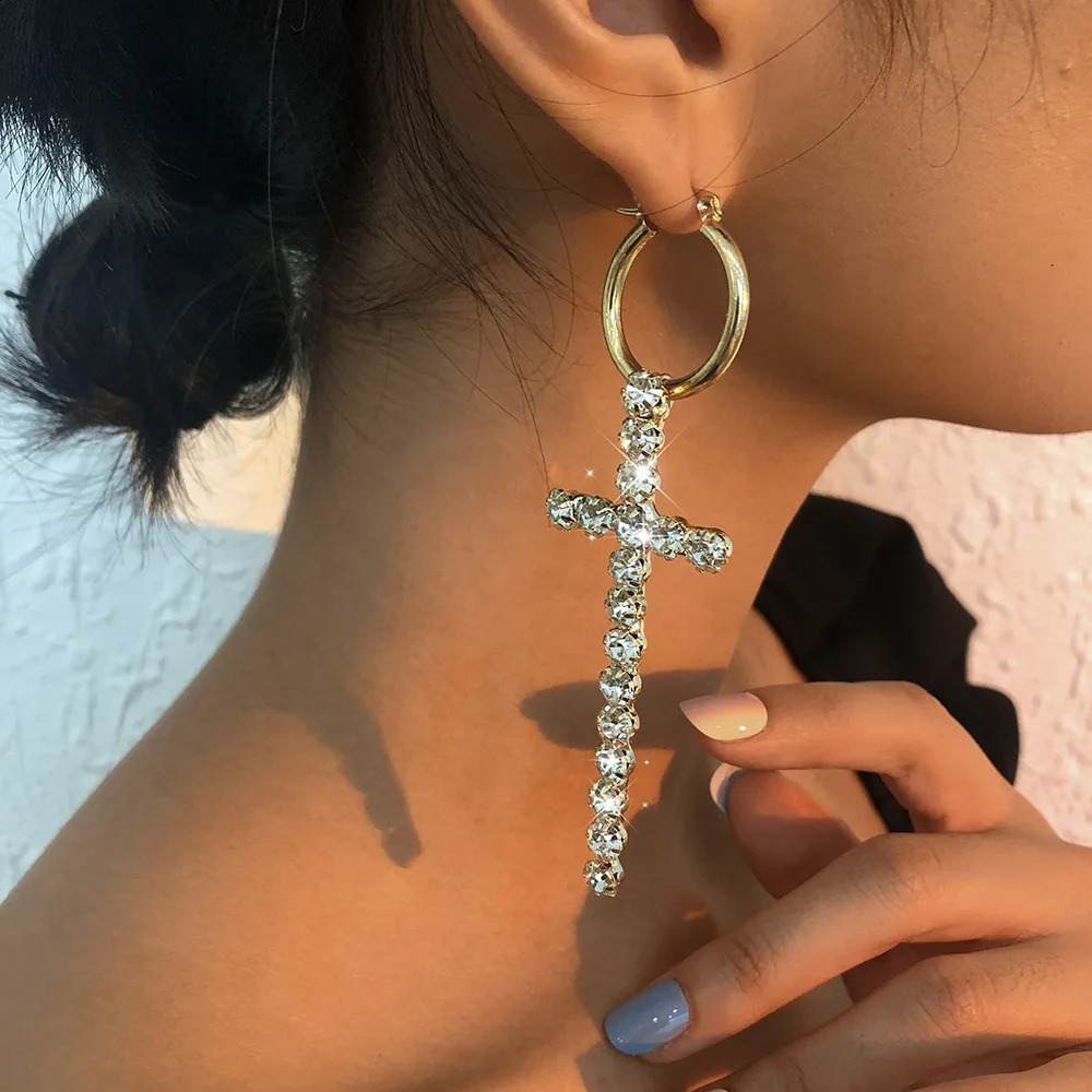 Trendy Blling Rhinestones Drop Earrings for Women Temperament Geometric Cross Earrings Girls Pendant Mujer Jewelry 241105