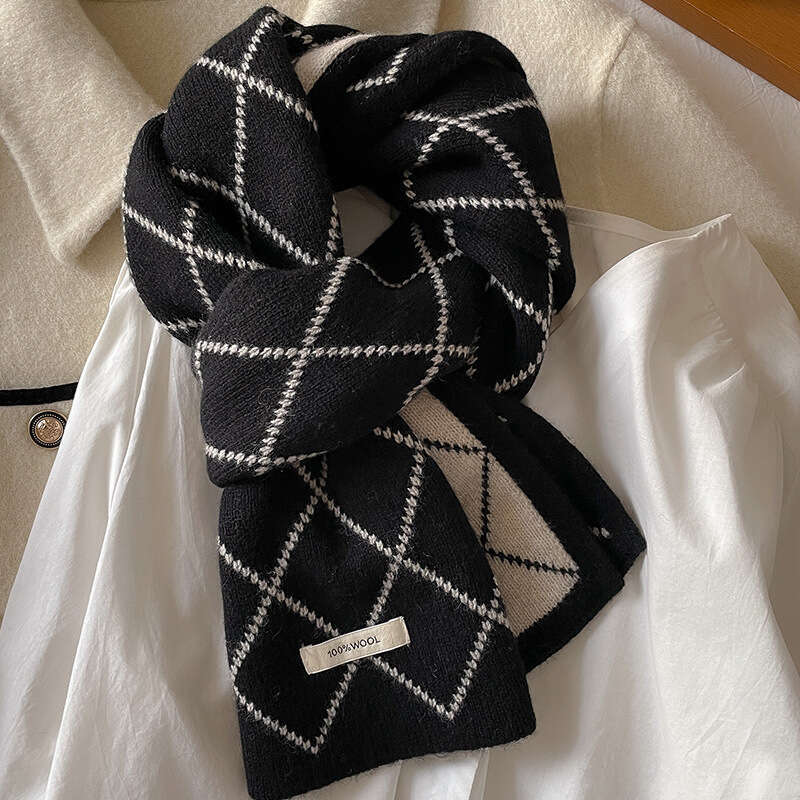 Dia plaid wool scarf for women's winter warmth, long knitted two-color versatile scarf, student Korean version, couple's style