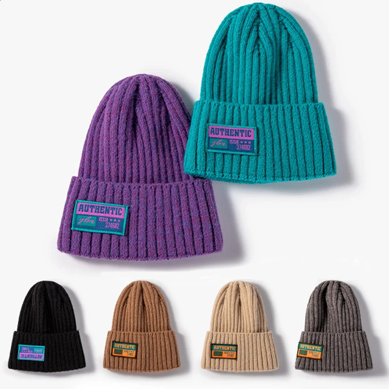 Korean Letter Beanie Hat Fashion Women Cloth Label Caps Autumn Winter Outdoor Warm Couple Knitted Hats Solid Color Simple Cap 241105