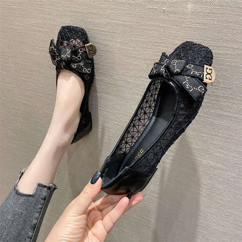 2023 Summer Mesh Sandals Square Head Bow Hollow Breathable Flat Shallow Mouth Fairy Women's Shoes