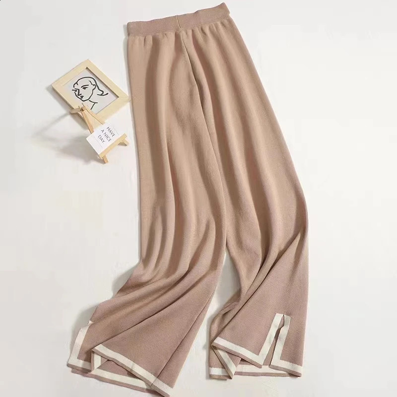 Elegant Women Long Sleeve Tops Knitted 2 Piece Suits Casual Woman Knitting Sweater and Split Long Wide Leg Pant Two Pcs Sets 241105