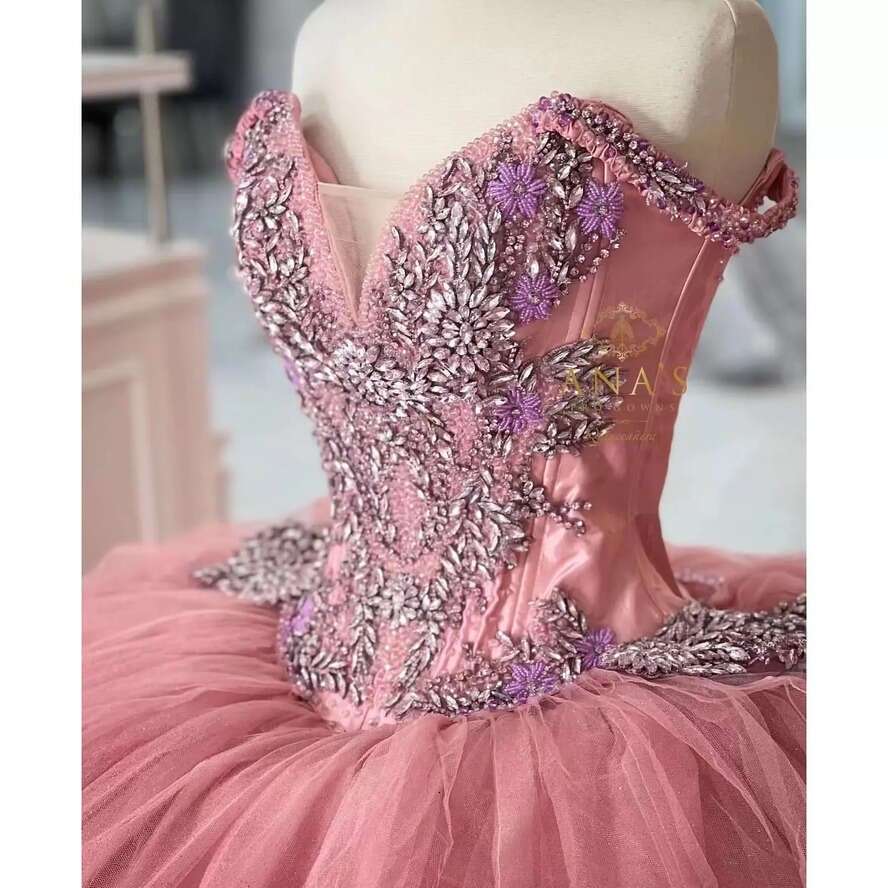 Pink Quinceanera Blush Dresses Off The Shoulder Tulle Corset Back Beaded Straps Pleats Ruffles Custom Made Sweet Princess Birthday Party Ball Gown