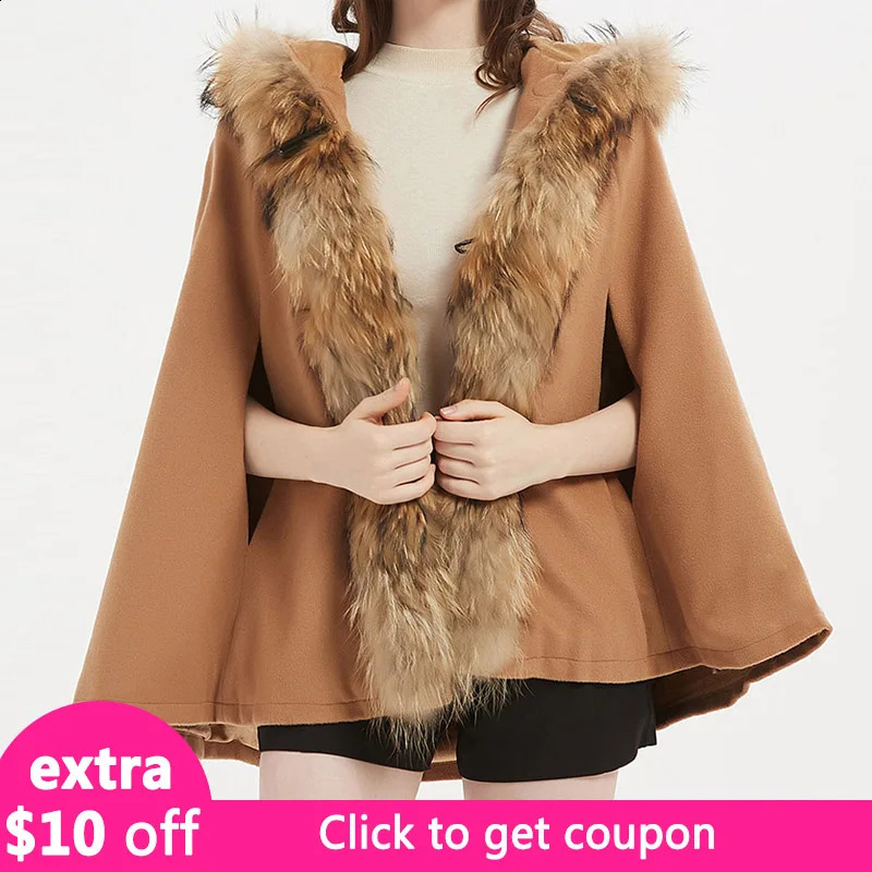 MAOMAOKONG Winter Natural Real Raccoon Collar Woolen Cloak Coat Poncho Women Shawl Female Clothing Capes Jackets 241105