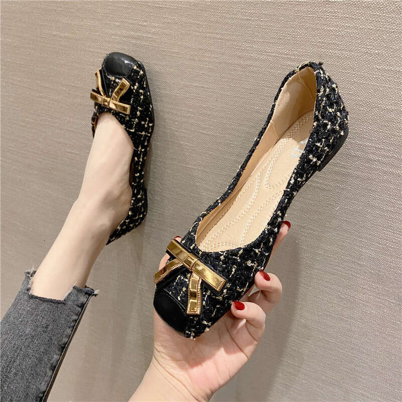 Single Shoe Metal Buckle Square Toe Ladies 2023 Spring New Style Shallow Mouth Temperament Daily Four Seasons Bottomed Flat Heel Women's Shoes