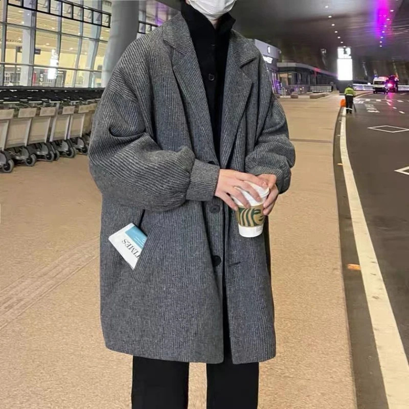 Autumn Winter Fashion Turn-down Collar Long Sleeve Solid Mao Trench Mens Clothing Loose Casual All-match Korean Button Tops 241105